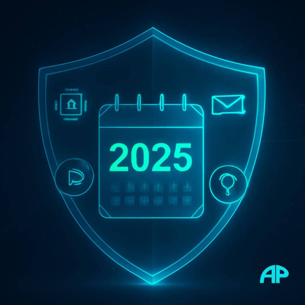 A glowing digital shield containing a 2025 calendar surrounded by icons for AI, email, video, and user profiles. The futuristic, tech-inspired design has a dark blue background with soft light rays.