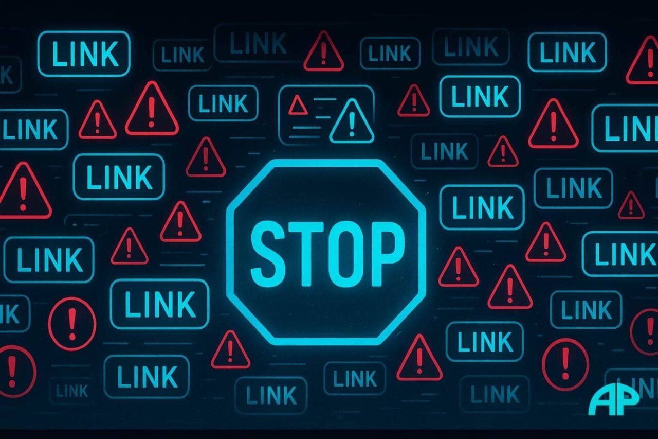 A futuristic digital display filled with glowing turquoise affiliate link icons scattered chaotically, many marked with red warning symbols and exclamation marks. A large turquoise “STOP” sign is prominent in the center. The background fades from deep navy to black with subtle glitch effects, illustrating the dangers of link spamming in affiliate marketing.

