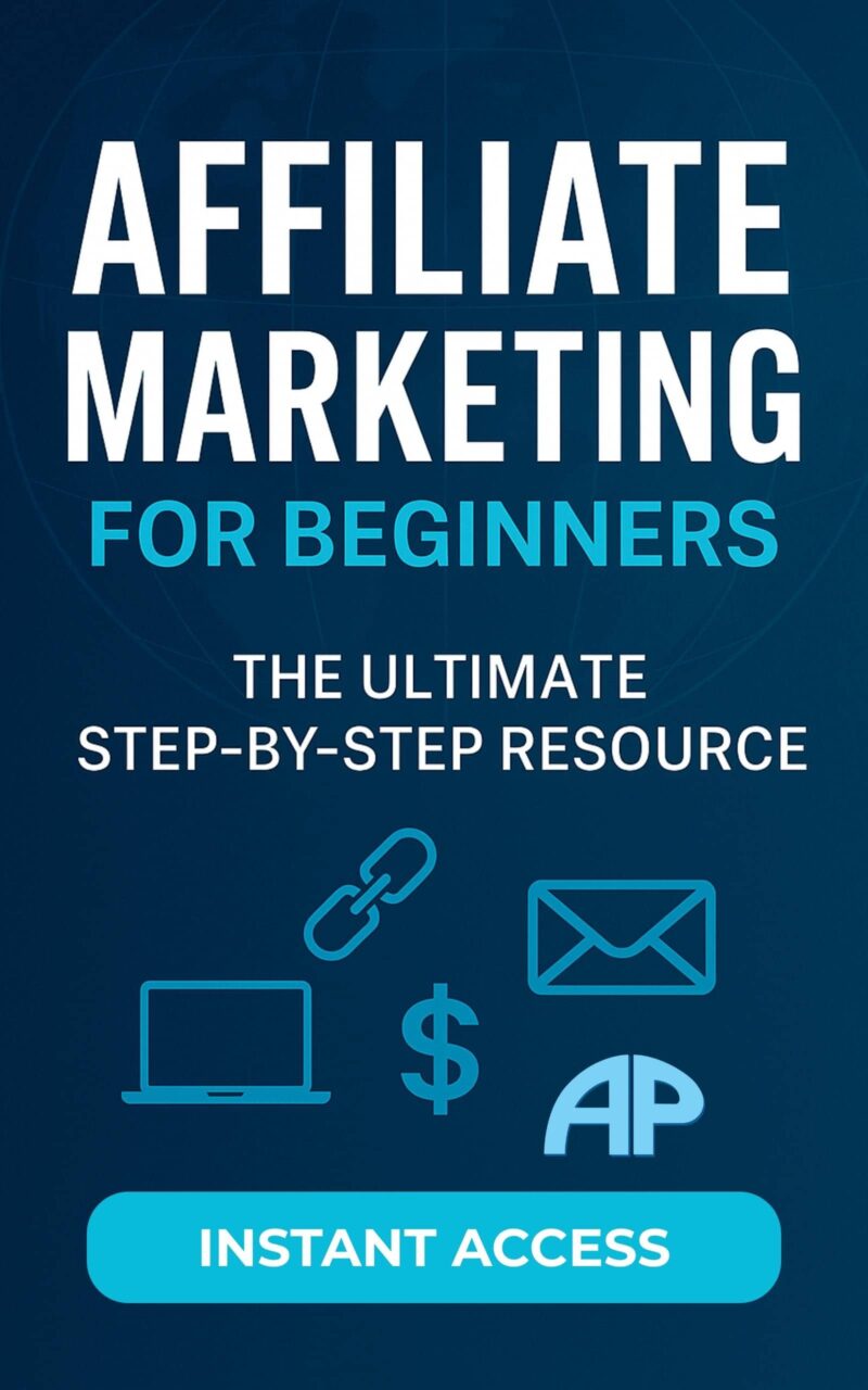 Affiliate marketing for beginners cover design with icons for email, money, laptop, and links on a dark blue background with bright turquoise accents.
