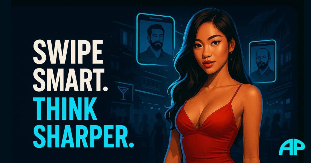 A confident, sexy Thai woman using her phone with male profiles floating around her, set against subtle scenes of nightlife — a visual metaphor for the complex dynamics of Asian dating apps.