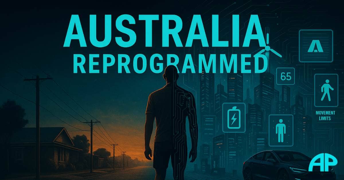 Australia 2030: A Nation Reprogrammed Digital illustration depicting Australia 2030, showing a man split between suburban life and a futuristic, surveillance-heavy smart city.