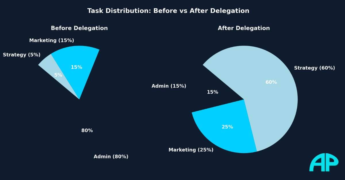 Before vs After Delegation: A Sustainable Growth Shift Pie chart comparison showing task distribution before vs after delegation to highlight sustainable growth strategies.