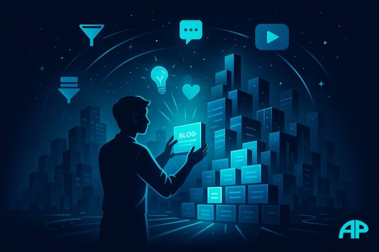 A digital builder places a glowing blog block onto a foundation of rising skyscrapers, each made of digital content, with icons for videos, funnels, and emails floating above in a starry blue sky.
