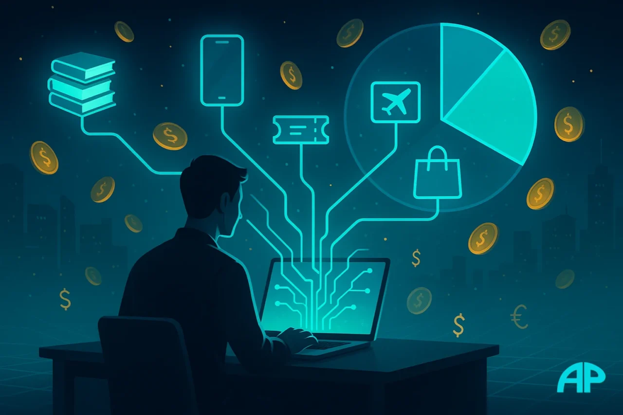 Digital illustration of a man building an affiliate marketing empire with glowing referral links, product icons, and passive income streams.