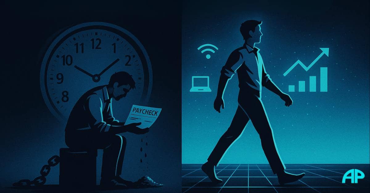 Dramatic digital illustration showing a worker shackled to a giant ticking clock on the left, contrasted with a free, barefoot entrepreneur walking across a digital grid of opportunity on the right.