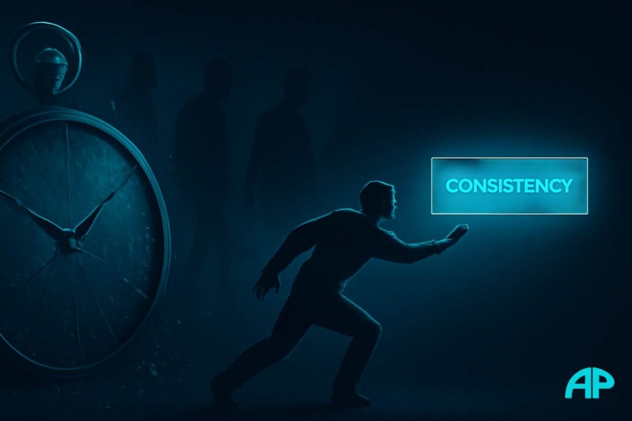 A figure reaching for a glowing "CONSISTENCY" sign in a dark, atmospheric space. Behind the figure, ghost-like shadows represent the cost of giving up. A cracked antique stopwatch with faint turquoise light stands to the left, symbolizing the passage of time and perseverance.