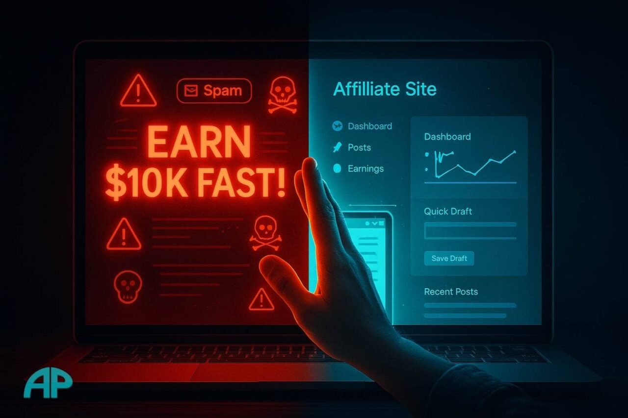 Laptop screen split in half: one side shows a glowing red scam email promising fast money, the other side displays a clean affiliate dashboard. A hand hovers between the two choices in a dark, moody room.