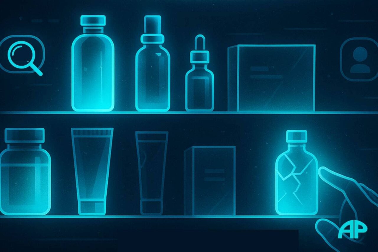 A digital shelf displaying turquoise products, some glowing and others flickering or cracked, symbolizing the challenge of promoting the right affiliate products. A hand hesitates between the two, with bright turquoise light accentuating the trustworthy items.