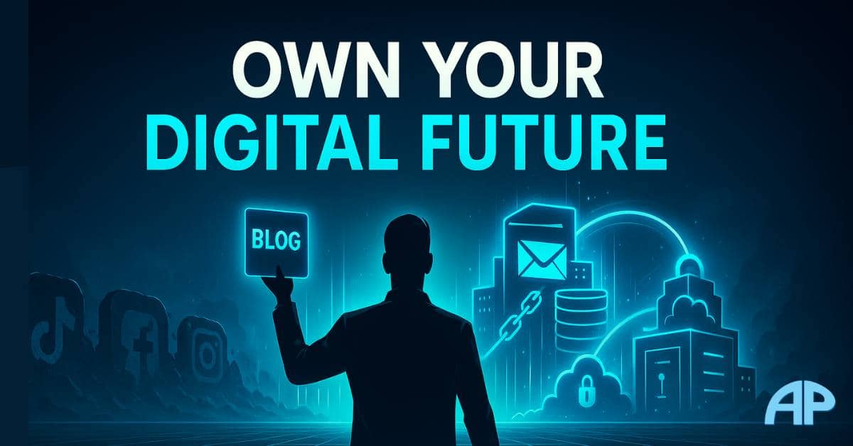 A futuristic digital landscape showing a figure holding a blog and email icon, with the phrase “Own Your Digital Future” centered above—symbolizing the power of building digital assets beyond social media.