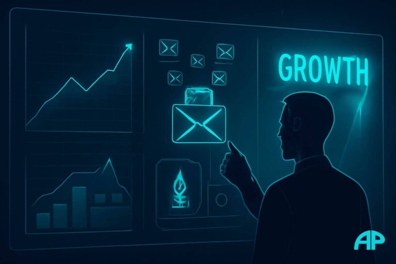 A futuristic digital dashboard in neon blue tones, showing rising graphs, an inbox with email icons, and content creation tools glowing turquoise. A confident figure interacts with the dashboard, pointing towards a glowing "GROWTH" arrow.