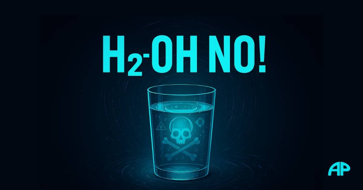 A glowing glass of tap water with a skull and chemical symbols inside, under bold turquoise text that reads “H₂-Oh No!” on a navy background.