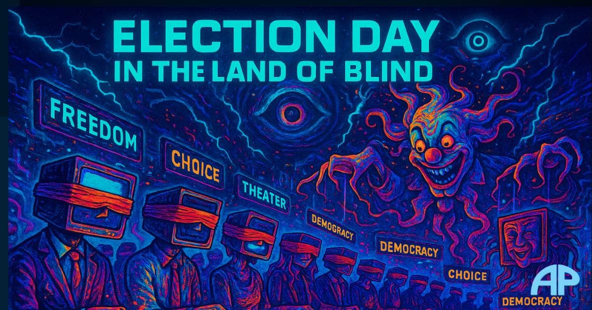 A surreal, dystopian scene representing the Election Day Illusion, with blindfolded voters, puppet politicians, and digital control imagery.