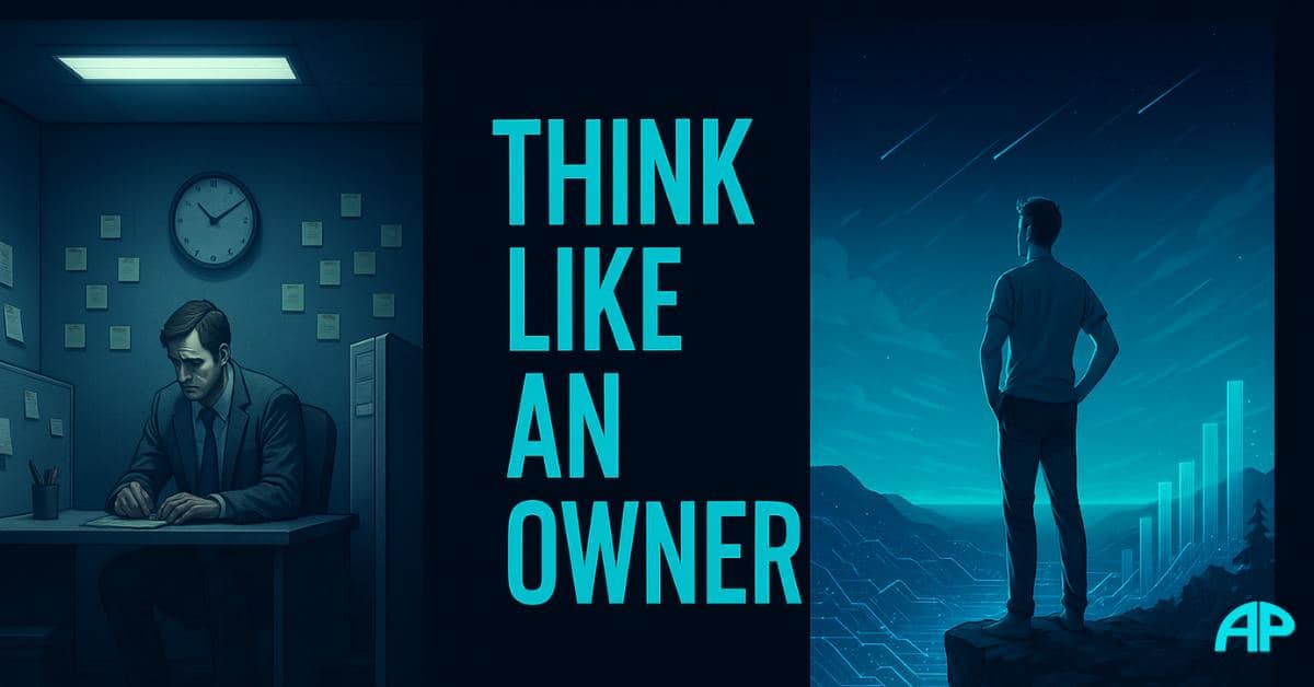 Split-screen digital illustration showing the contrast between a drained office worker and an empowered entrepreneur, with bold text “Think Like an Owner,” reflecting the Entrepreneur Mindset.