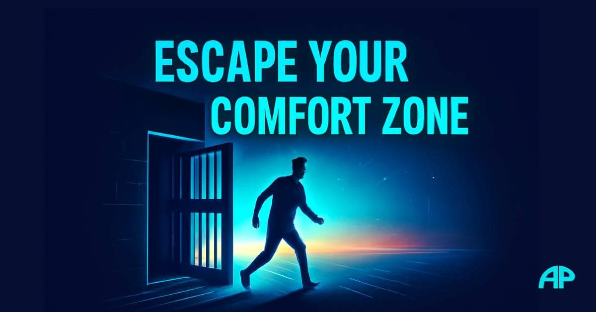 A person stepping out of a dark, prison-like comfort zone into a bright, expansive world. The image represents breaking free from the Comfort Zone Prison to embrace personal growth.
