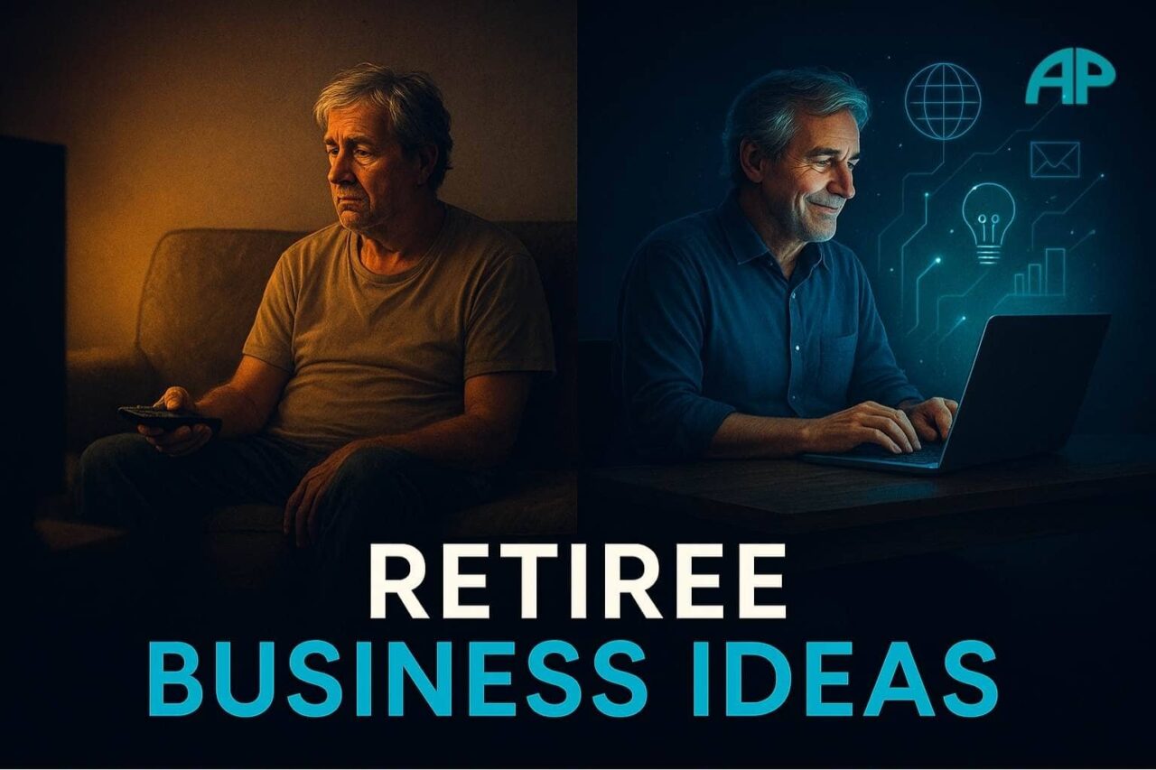 Split-screen image of an older man disengaged on the left and energized on the right, symbolizing the transformation possible through retiree business ideas.