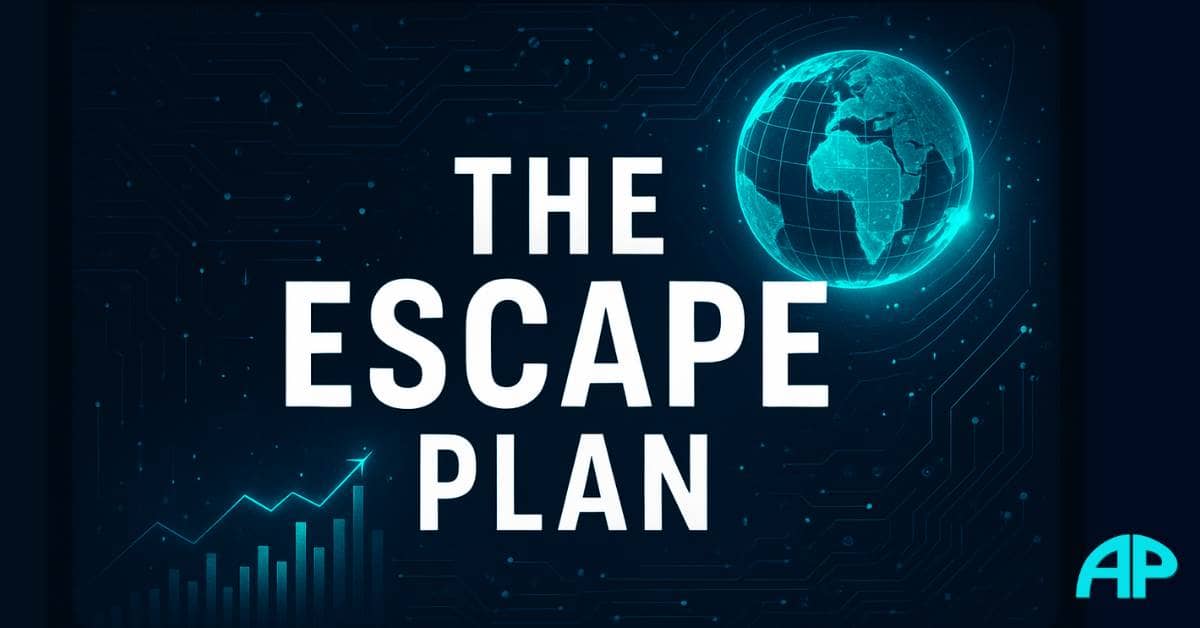 Digital illustration titled “The Escape Plan” showing glowing typography over a futuristic beach scene with a hammock, palm trees, and digital symbols, representing freedom on your terms.