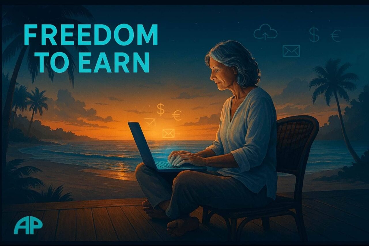 A serene beach café at sunrise with a middle-aged woman barefoot on a deck, working on her laptop with “FREEDOM TO EARN” in turquoise text and digital icons in the sky.