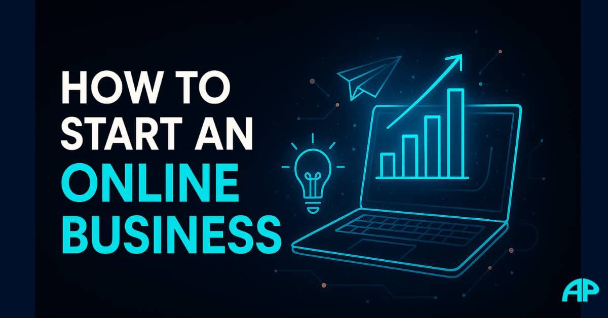 A futuristic digital illustration with bold text "How to Start an Online Business" in white and turquoise on the left. A glowing neon laptop with a rising graph, lightbulb, and paper airplane appears on the right, all against a deep navy background with electric blue and cyan accents.