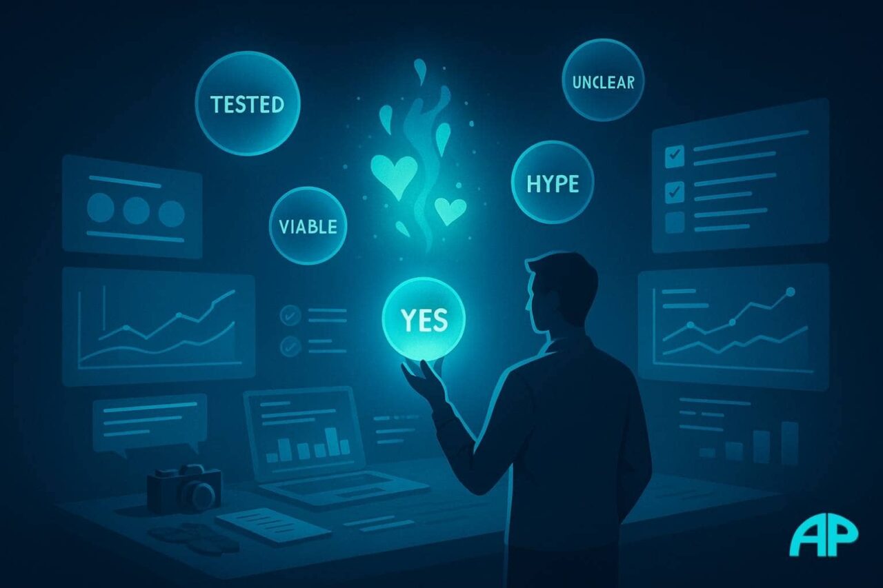 A person stands in a futuristic room surrounded by glowing orbs labeled “Tested,” “Viable,” “Hype,” and “Unclear,” holding one labeled “YES,” with floating dashboards and digital feedback panels illuminating the space.