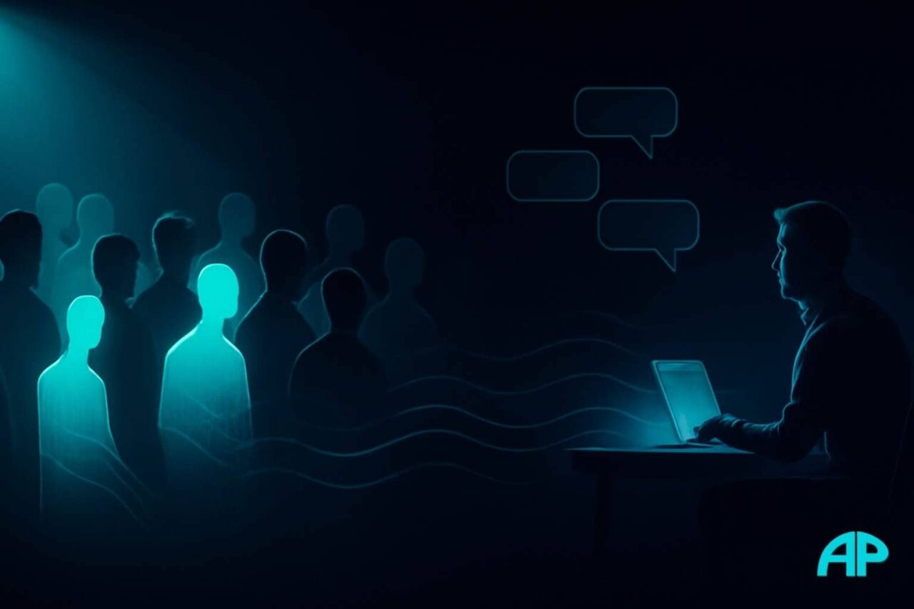 A futuristic scene where a lone affiliate marketer sits at a desk, sending messages to a disengaged, holographic audience. The figures in the audience are illuminated by a soft turquoise light, while digital waves of silence ripple between them, symbolizing disconnection and the impact of ignoring your audience.