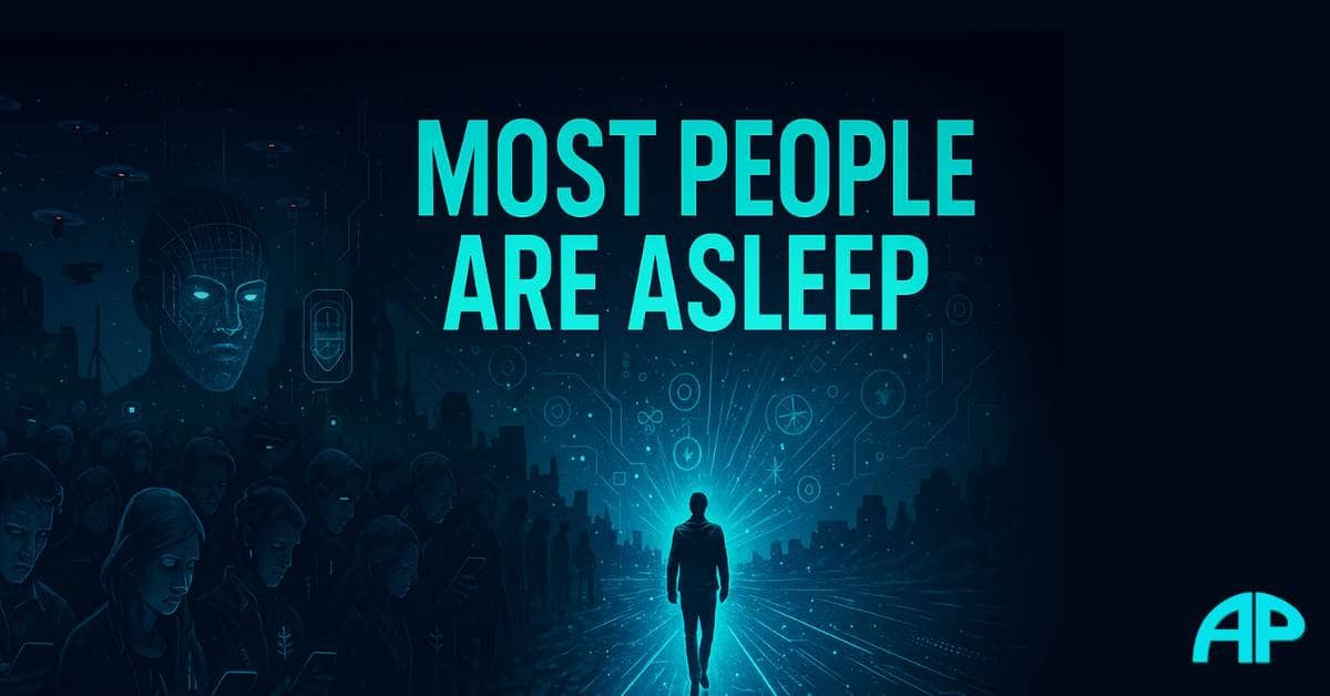 Digital artwork showing a crowd of people sleepwalking with glowing eyes while one person walks alone toward a bright digital horizon. The phrase "Most People Are Asleep" appears in bold turquoise.