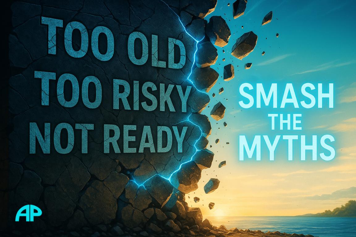 A cracked concrete wall with phrases like “Too Old,” “Too Risky,” and “Not Ready.” Bright electric blue light breaks through the fractures. Beyond the wall: open sky and calm ocean. Title overlay: Smash the Myths.