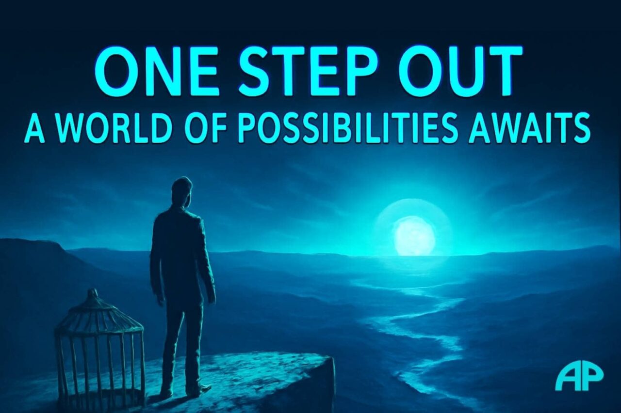 A person standing on the edge of a cliff at night, illuminated by the turquoise moonlight, with a broken birdcage beside them, symbolizing freedom. The vast landscape below stretches into a winding river, representing limitless possibilities.