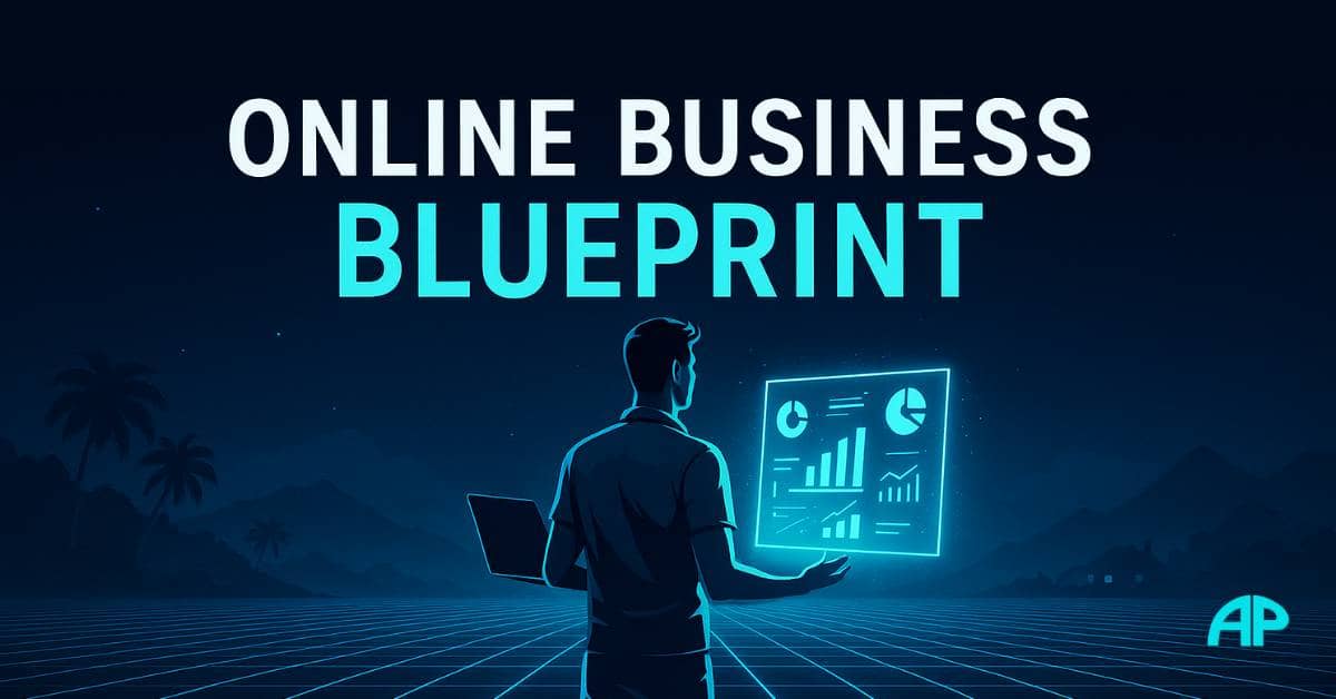 Online Business Blueprint – Visual Guide A digital scene illustrating an online business blueprint: a casual 39-year-old man stands on a glowing grid with a laptop and holographic interface, representing digital entrepreneurship and the path to a freedom lifestyle.