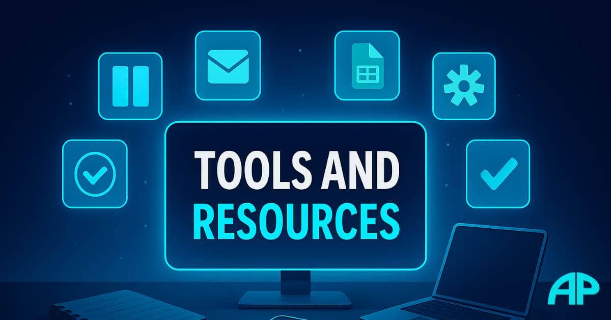 Modern digital illustration of online business tools and resources, featuring a glowing laptop, smartphone, planner, and floating productivity app icons on a dark blue background.