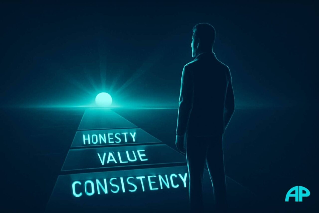 A determined figure standing on glowing digital steps labeled "Honesty," "Value," and "Consistency," looking toward a bright turquoise sunrise symbolizing growth and opportunity. The background is a deep navy gradient with light beams cutting through the darkness.