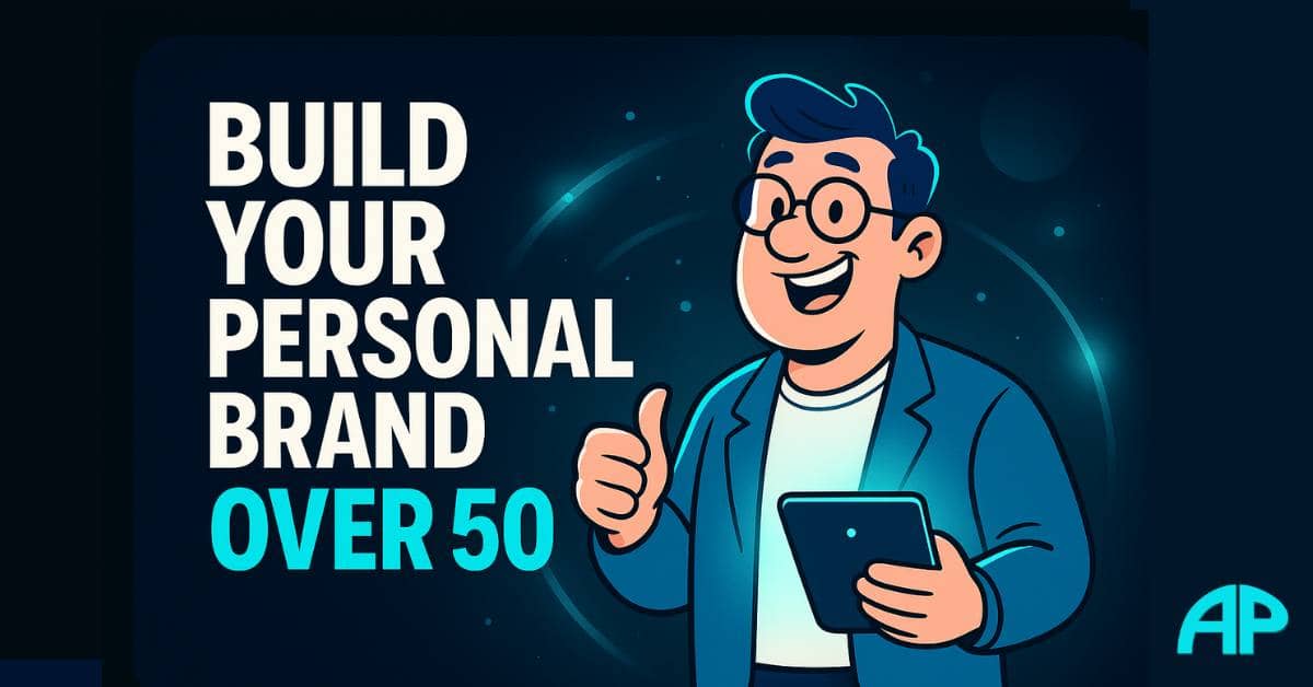 Cartoon-style confident man in his 50s standing on a glowing platform in a digital world, surrounded by branding icons, with bold text “Reinvent Your Brand. Own Your Space.” — representing personal brand over 50.