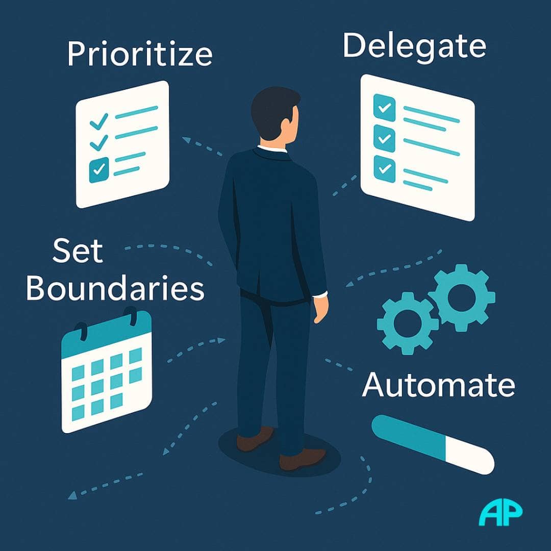 Illustration showing a business owner surrounded by icons representing prioritize, delegate, set boundaries, and automate.