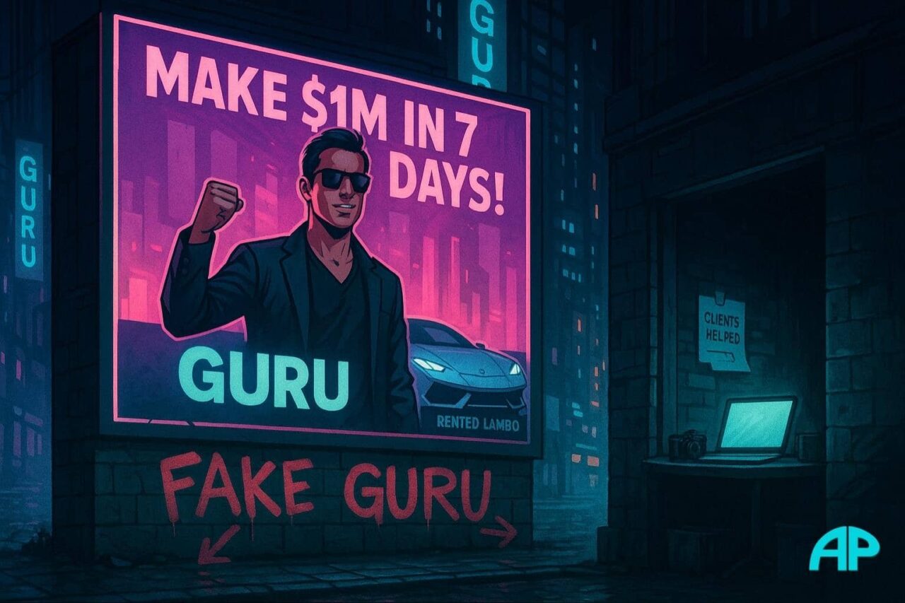 A bright billboard in a city promotes a “guru” claiming “Make $1M in 7 Days!” with a rented Lamborghini, while graffiti below reads “Fake Guru.” Just beside it, a quiet alley reveals a desk with a laptop, camera, and a note that says “Clients Helped.”