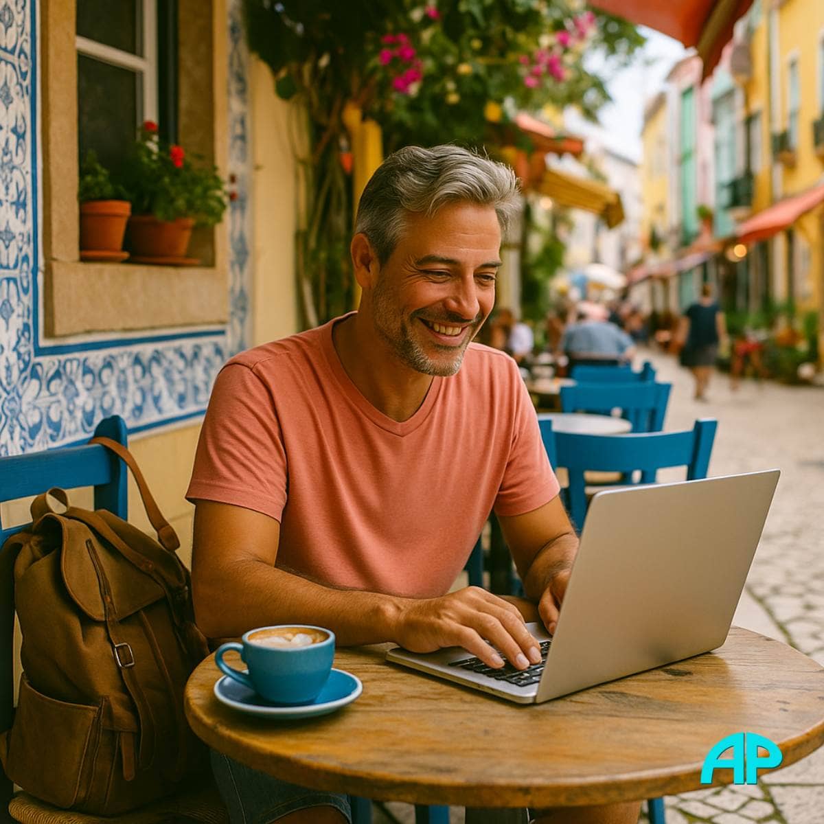 Middle-aged man blogging from a sunny outdoor café in Portugal or Vietnam, capturing the spirit of travel and earn freedom.
