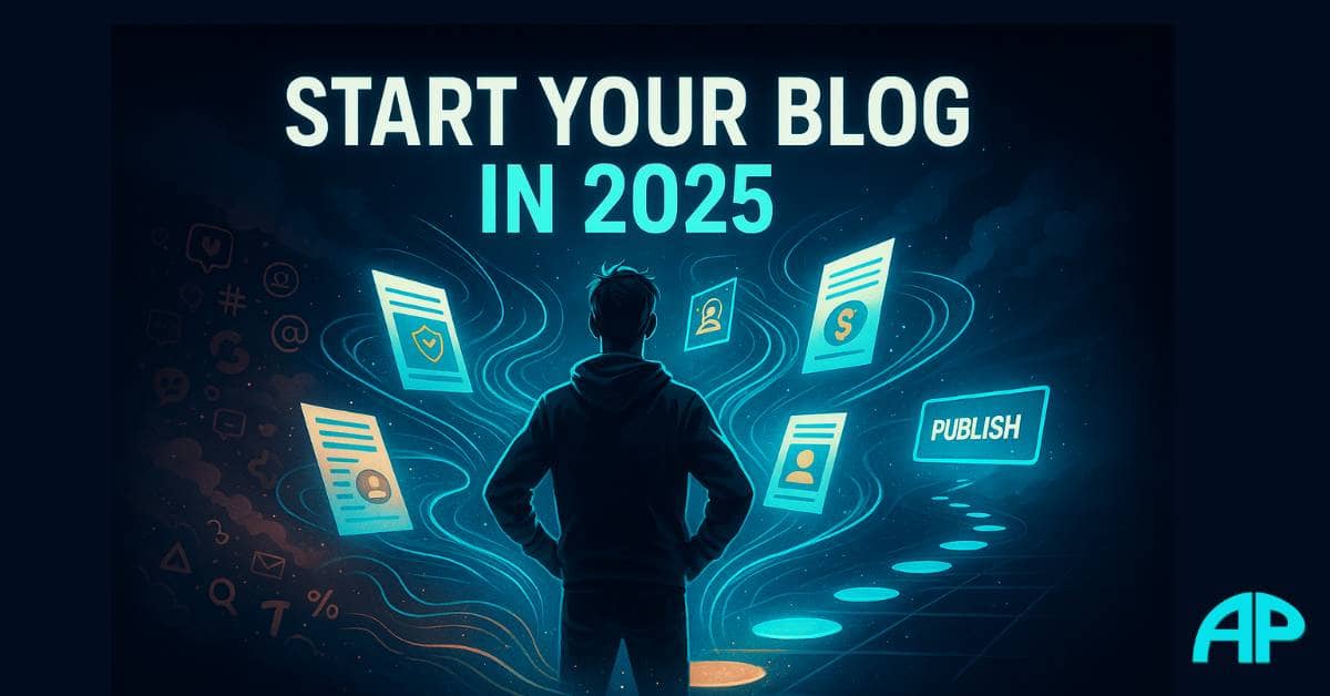 Futuristic digital illustration showing a person surrounded by glowing blog posts and digital light streams, highlighting reasons to start a blog in 2025.