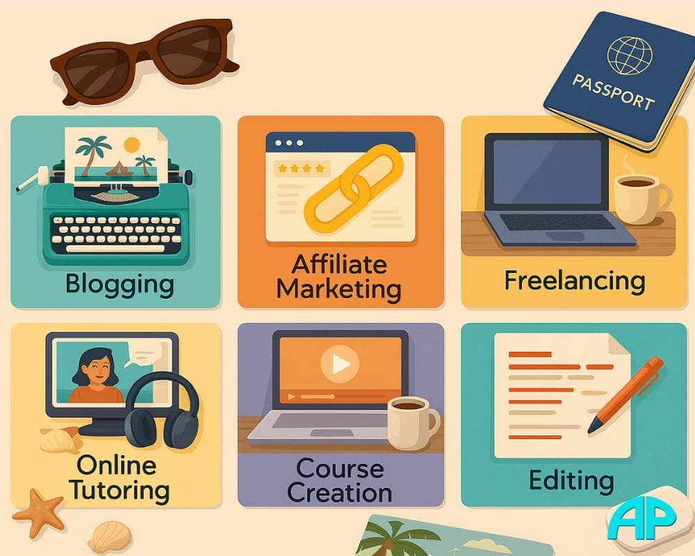 Flat-lay digital illustration displaying six remote income methods including blogging, freelancing, and affiliate marketing.