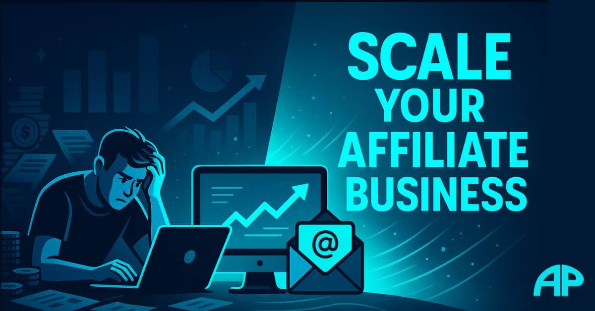 Wide digital graphic illustrating the concept of how to scale affiliate business, with a split visual showing chaos on one side and digital success on the other.