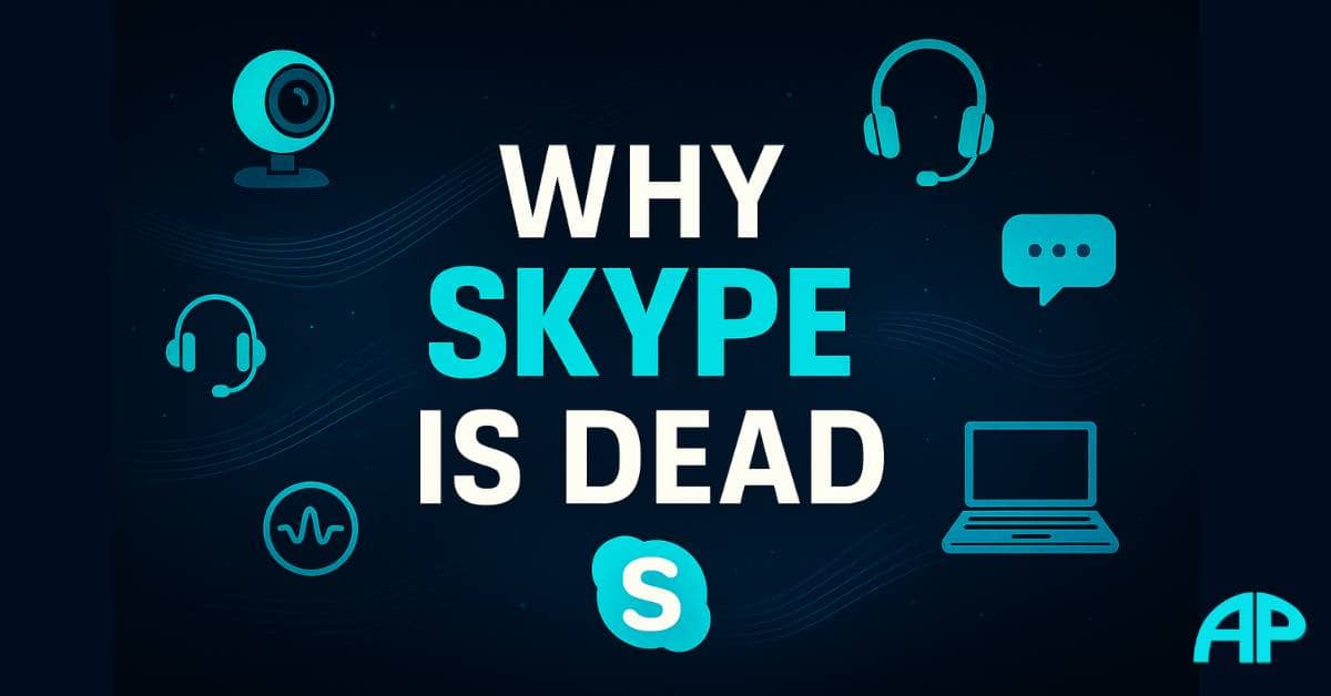 Digital graphic featuring the phrase “Why Skype Is Dead” with nostalgic tech icons, representing why Skype shut down.