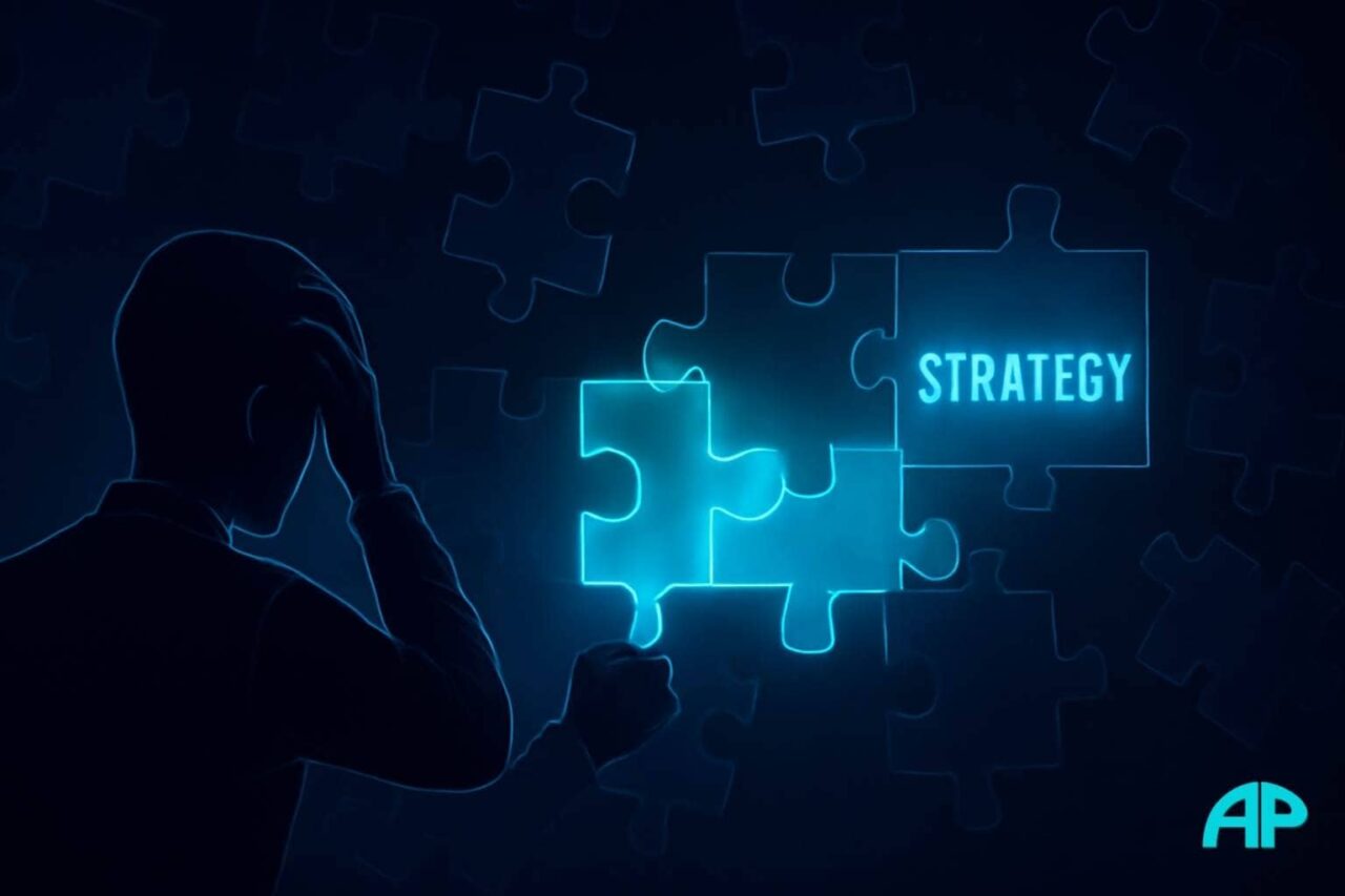 A digital illustration of a person in a futuristic holographic space, attempting to solve a glowing puzzle. The figure is silhouetted in deep blue, hand on their head, aligning a glowing "STRATEGY" puzzle piece, with scattered pieces in the background.