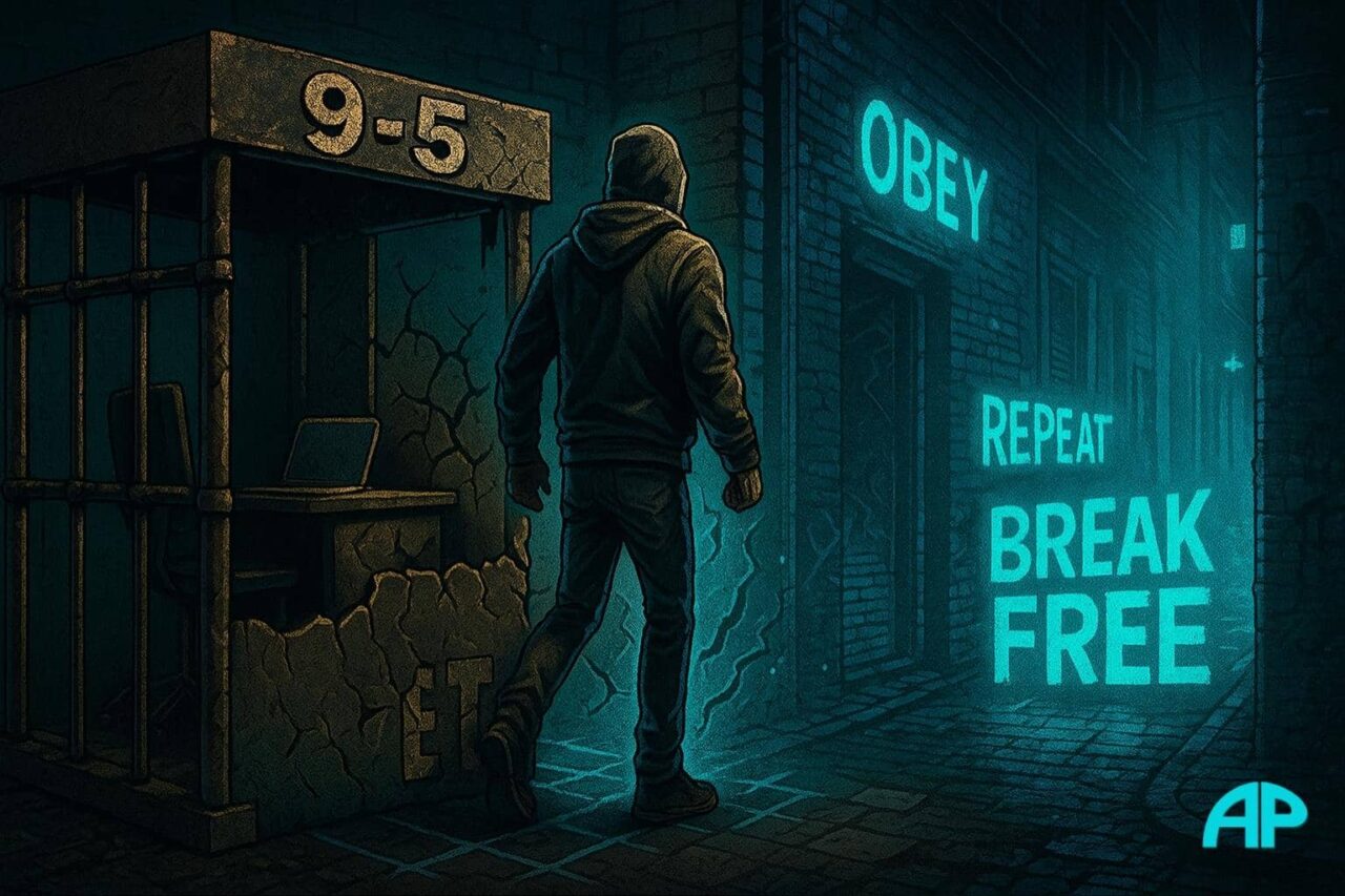 A hooded figure steps out of a cracked 9-5 cubicle into a neon-lit alley with graffiti reading “OBEY,” “REPEAT,” and “BREAK FREE,” symbolizing the path promoted by street smart business mentors.