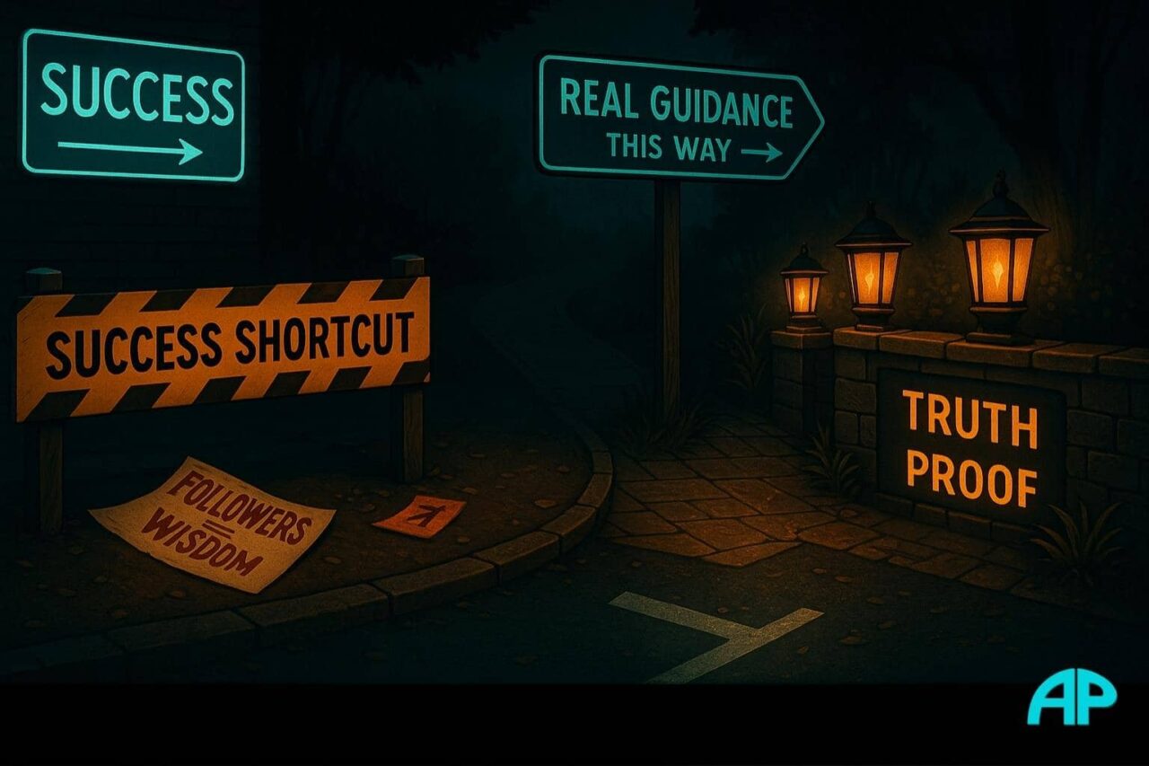 A forest path splits in two directions at night. One side shows a blocked shortcut labeled “Success Shortcut” with a discarded sign reading “Followers ≠ Wisdom.” The other path, lit by lanterns marked “Truth” and “Proof,” represents the guidance of street smart business mentors.