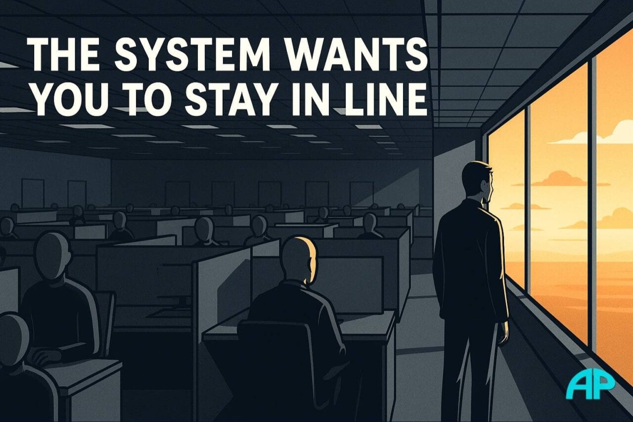 A gray, lifeless office filled with identical cubicles and faceless, robotic workers. One figure stands apart near a large window, gazing at a warm, glowing horizon beyond the building.