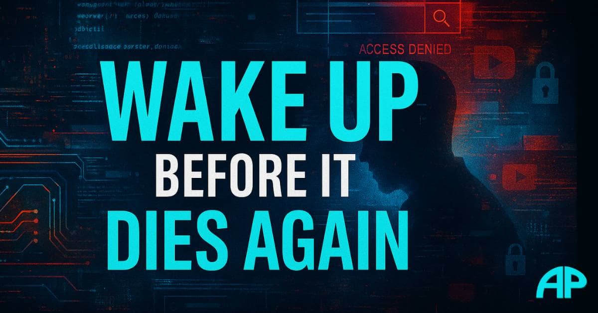 The Day the Internet Died — Wake Up Before It Dies AgainWake up before it dies again. A bold visual warning about censorship, control, and digital decay in the age of compliance. A dark, glitch-themed digital graphic with the words "Wake Up Before It Dies Again" centered in bold, featuring circuit lines, a shadowed figure, and censorship symbols — visually representing the theme of The Day the Internet Died.
