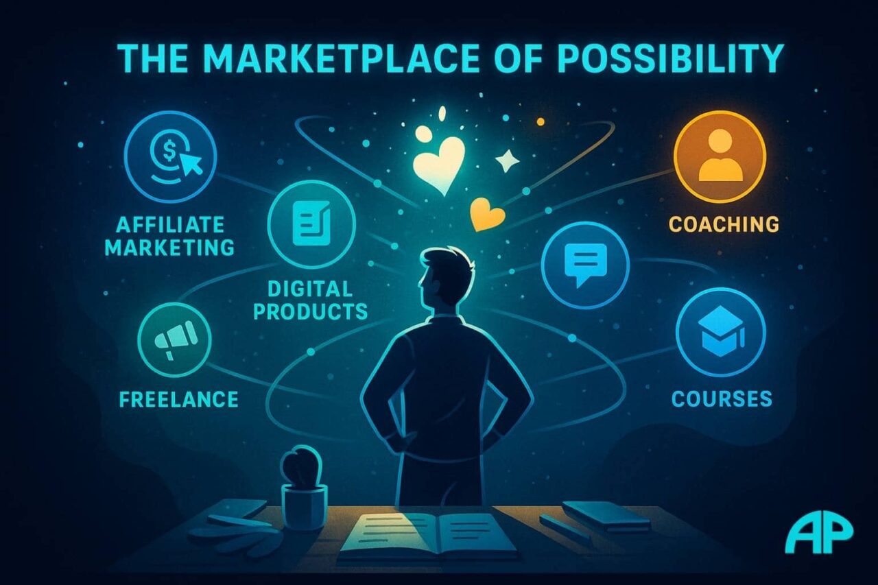 A person stands beneath a star-filled sky, surrounded by glowing icons representing digital business models like Affiliate Marketing, Digital Products, Coaching, Freelance, and Courses, all interconnected by luminous pathways.