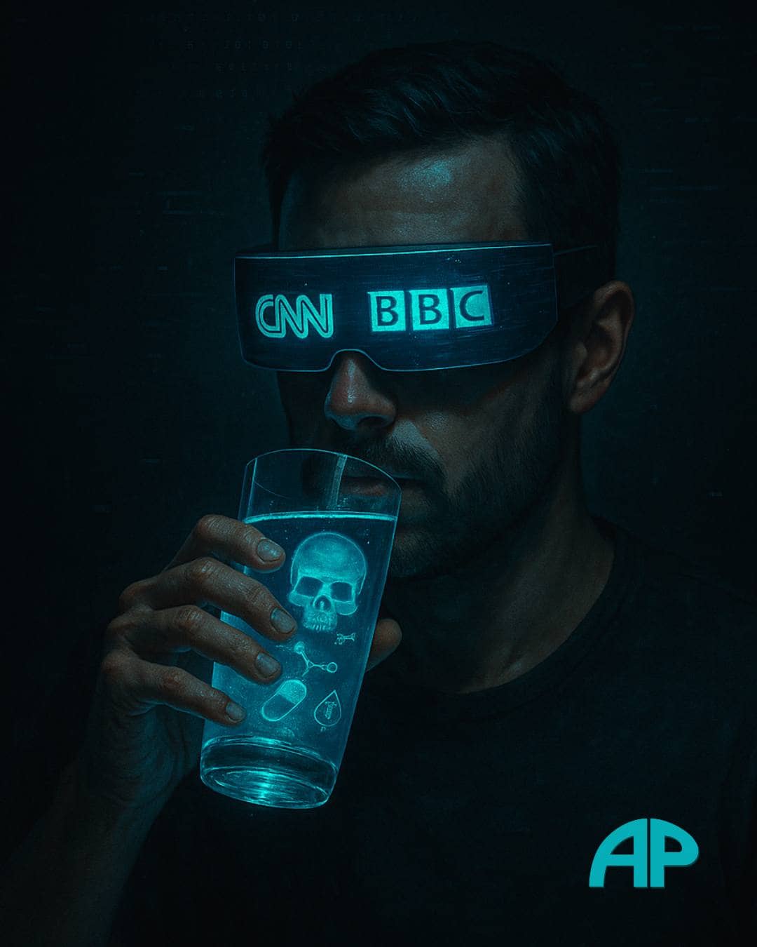 A dystopian portrait of a man with a digital TV blindfold showing media logos, drinking glowing tap water filled with hidden toxins.