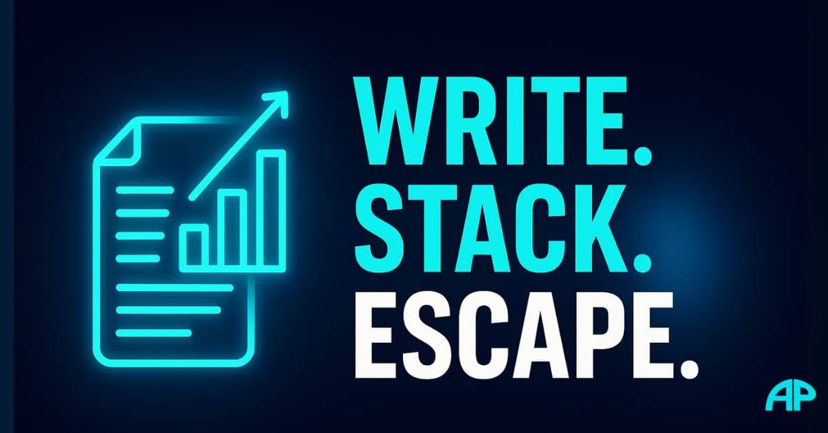 A cinematic digital graphic representing Blog Bio-Hacking, featuring a glowing laptop on a futuristic desk, surrounded by floating posts and binary code, with the bold title “Write. Stack. Escape.” A dark margin surrounds the image to blend seamlessly into a black or deep navy background.