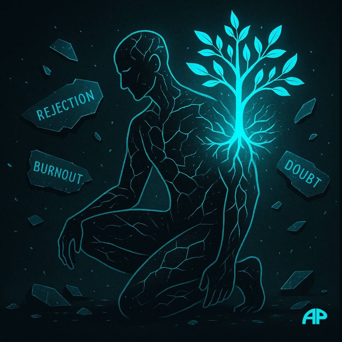 Abstract humanoid figure made of shattered glass, circuitry, and roots, glowing at the core with a neon-blue tree rising from its heart, symbolizing resilience and growth.
