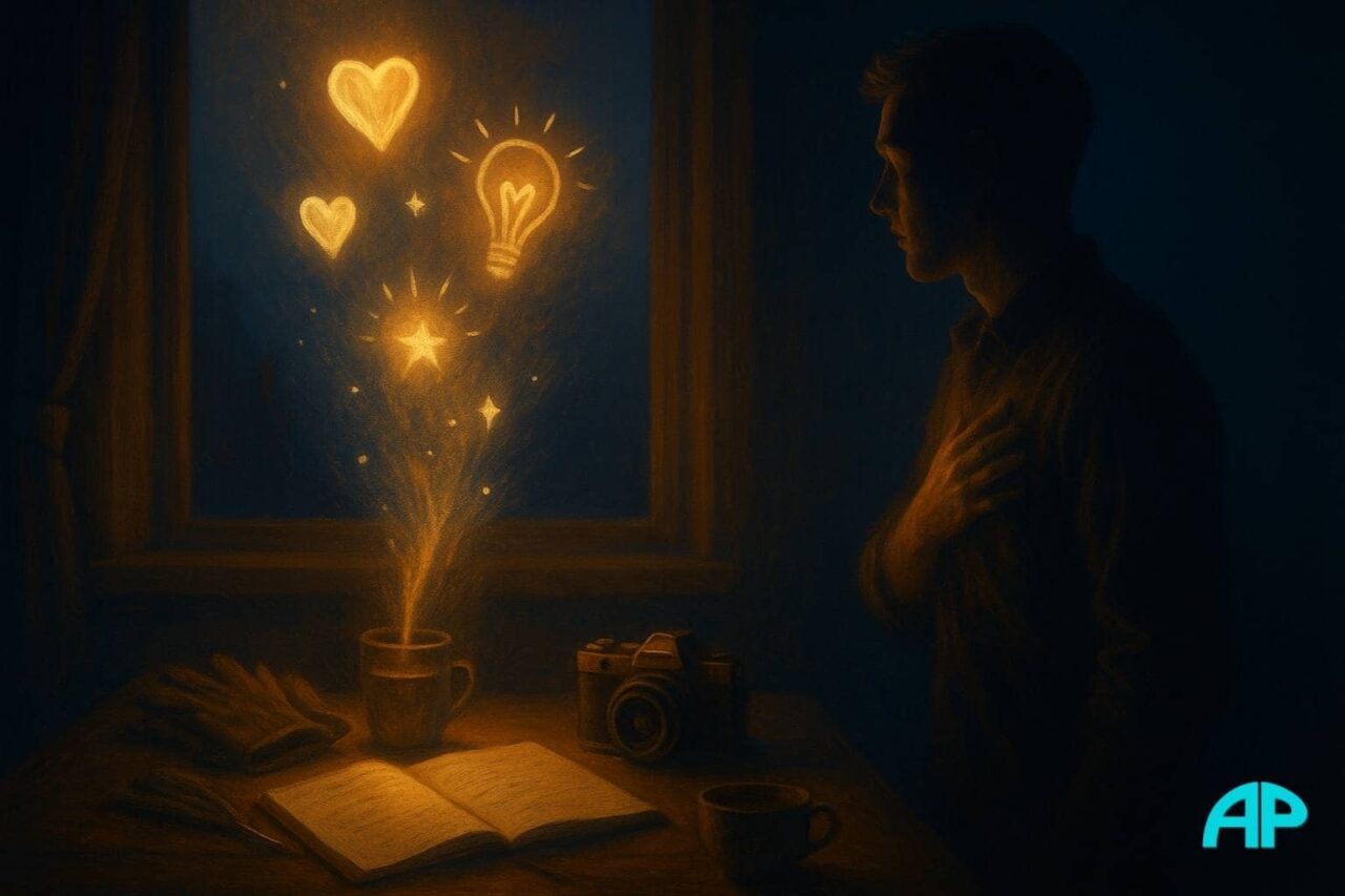 A person stands in soft golden-hour light, hand over heart, gazing at glowing symbols of inspiration rising from a table filled with creative tools.