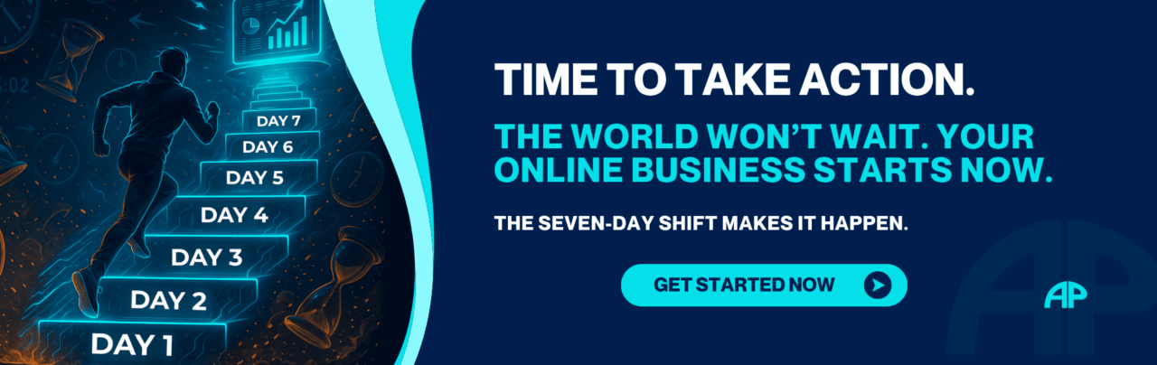 A man runs up a glowing staircase labeled Day 1 through Day 7, surrounded by clocks and hourglasses, symbolizing urgency and structured progress in launching an online business.