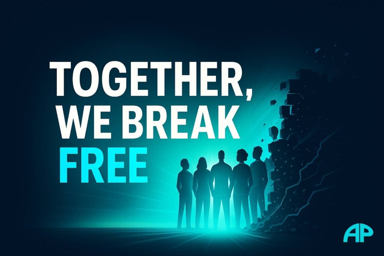 A digital illustration featuring a group of diverse silhouettes standing together in front of a radiant turquoise glow, with a crumbling digital wall behind them. Bold white and turquoise text reads, “TOGETHER, WE BREAK FREE” on a deep navy background with a dark border.